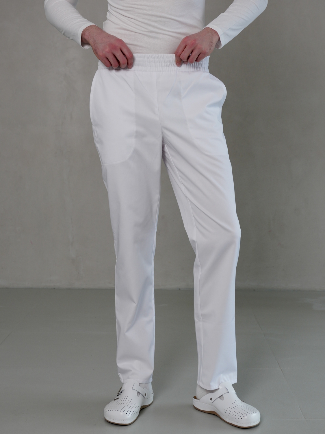 Мужские медицинские брюки на резинке белые 20-07