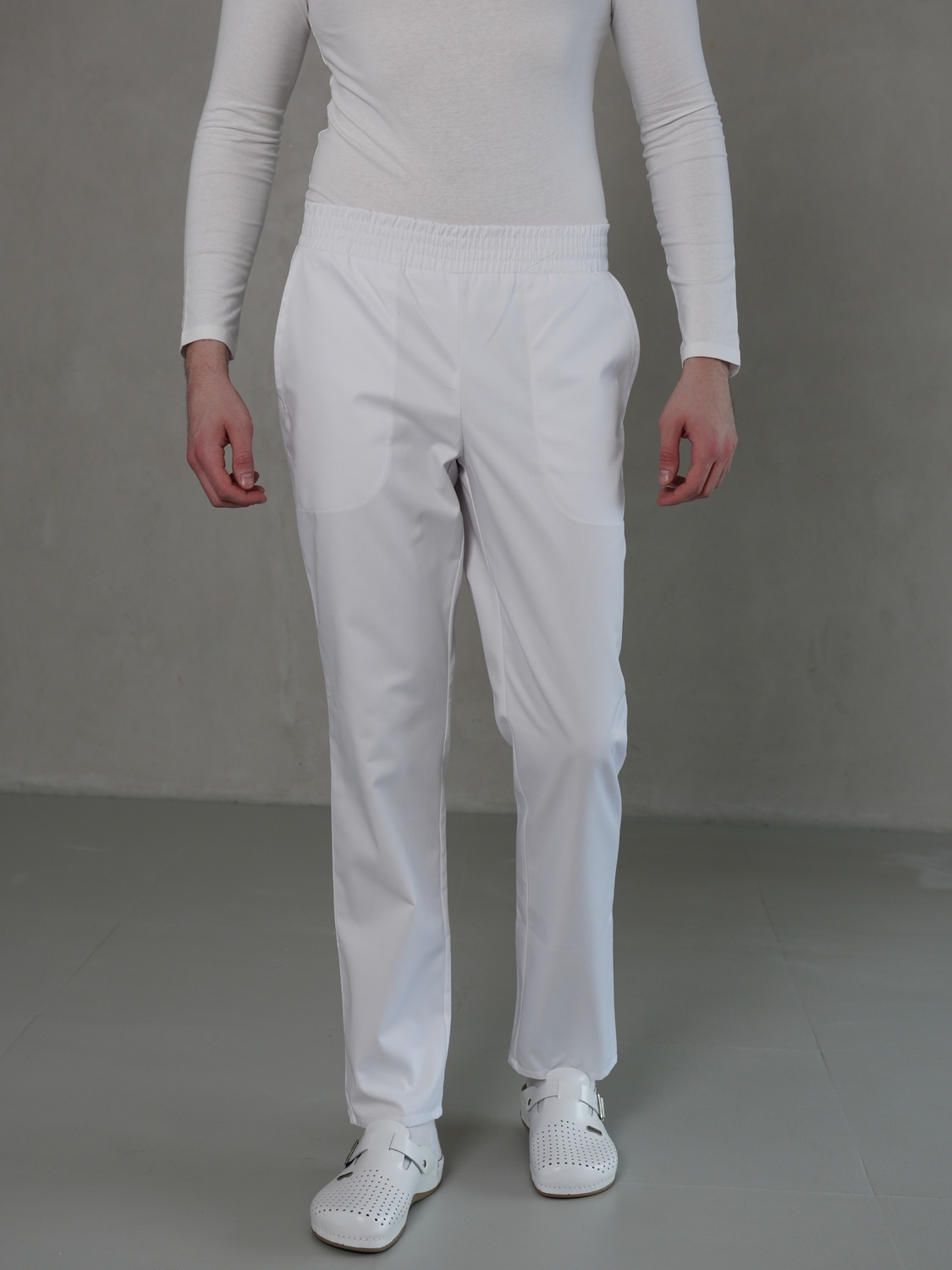 Чоловічі медичні брюки на резинці білі 20-07
