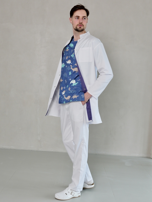 Медичний халат чоловічий білий з фіолетовим оздобленням 10-08