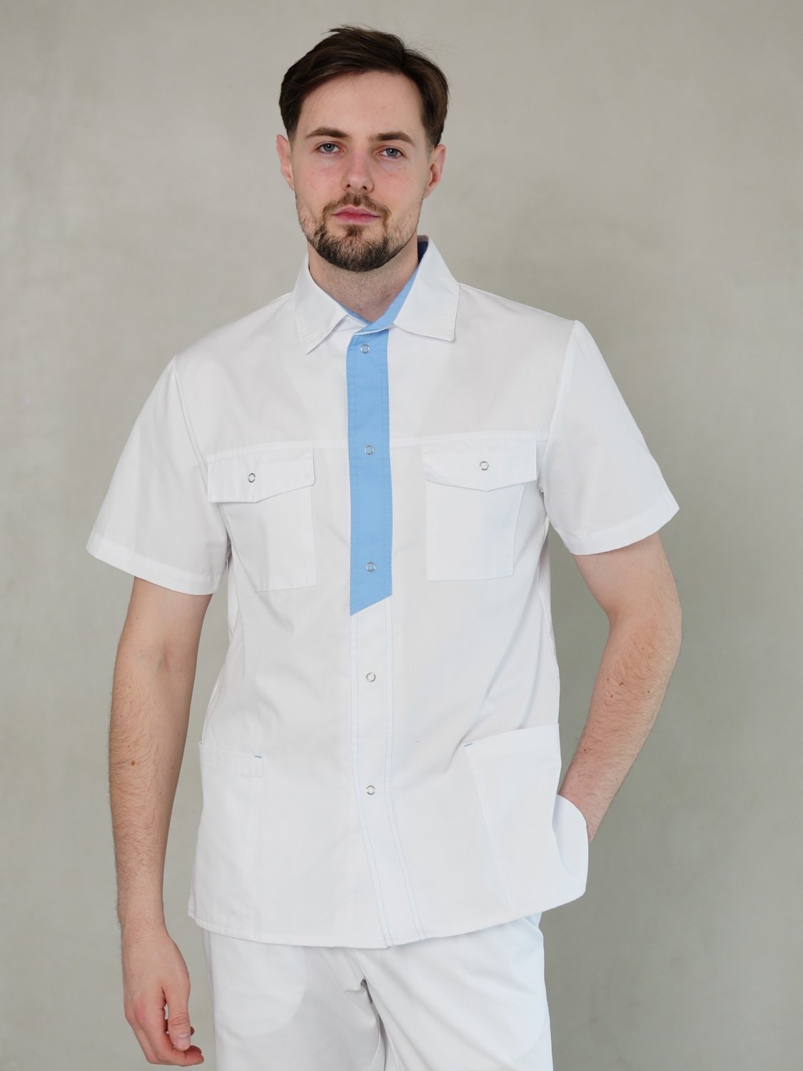 Чоловічий медичний костюм 14-03 білий з блакитним оздобленням