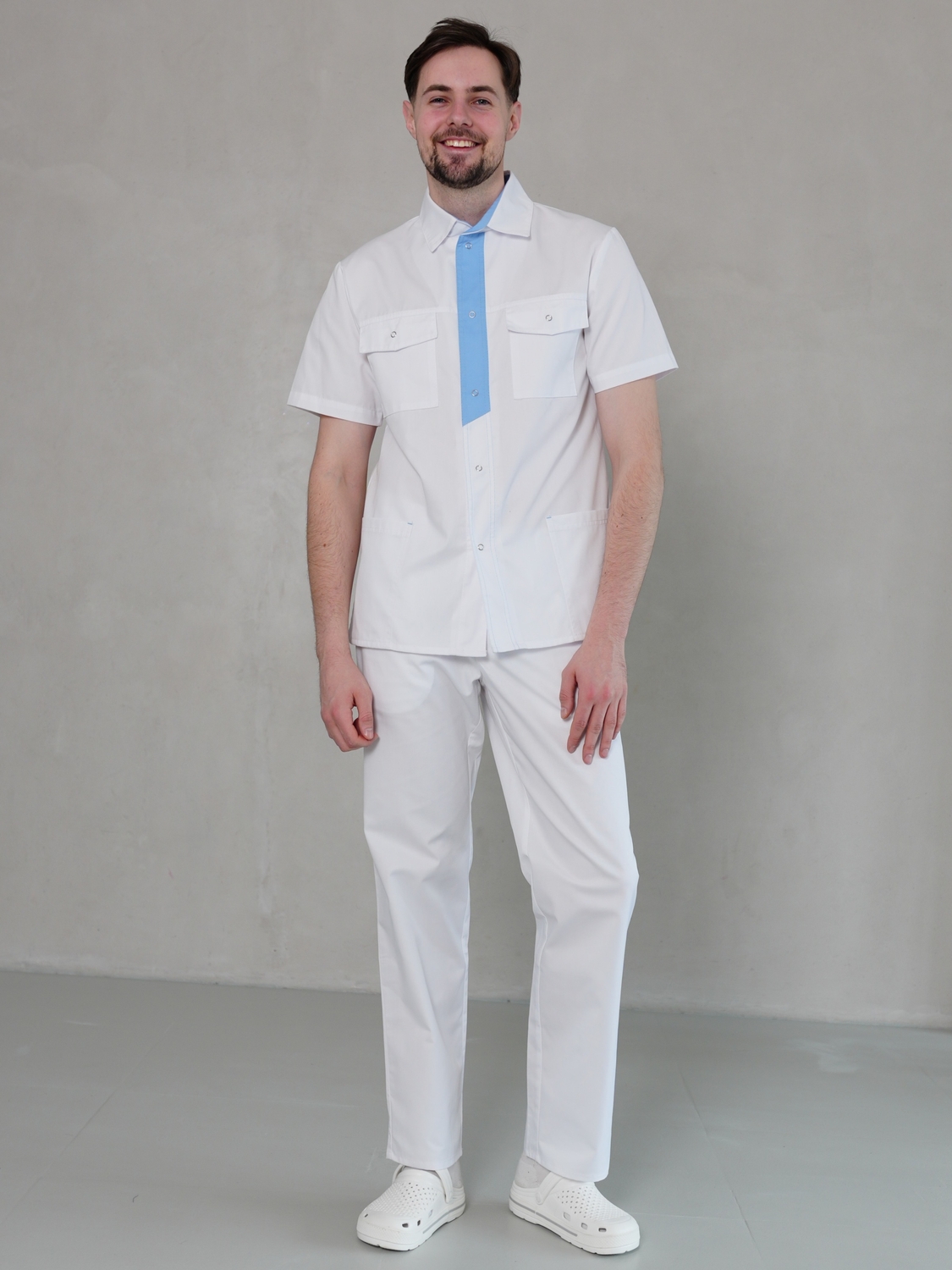 Мужская медицинская куртка 14-03 белая с голубой отделкой