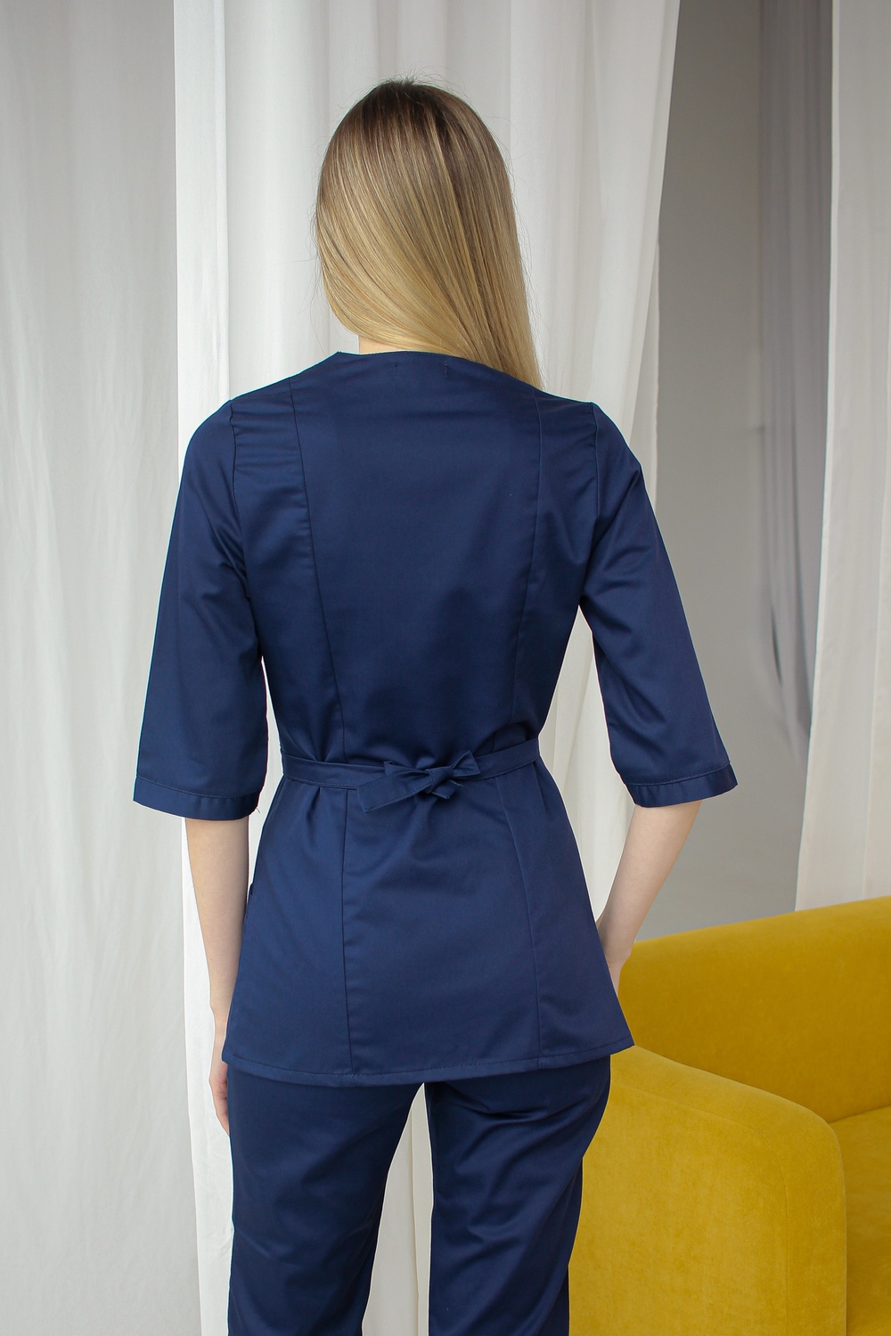 Жіночий медичний костюм 10-03 на запах темно-синій