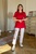 Жіночий медичний костюм 20-02 червоний з вишивкою