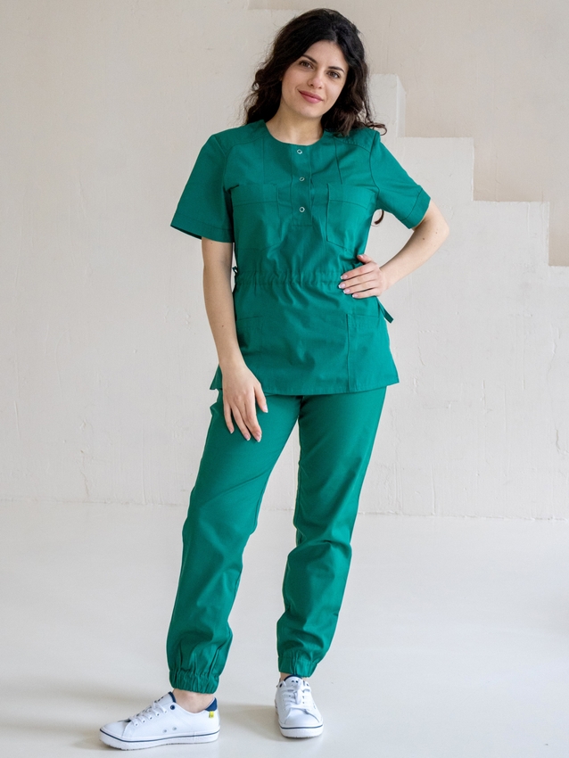 Жіночий медичний костюм темно-зелений на зав'язках 19-09