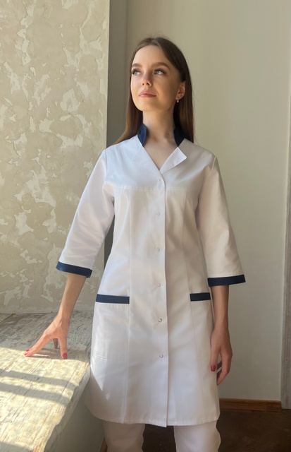 Жіночий медичний халат 10-04 з синім оздобленням