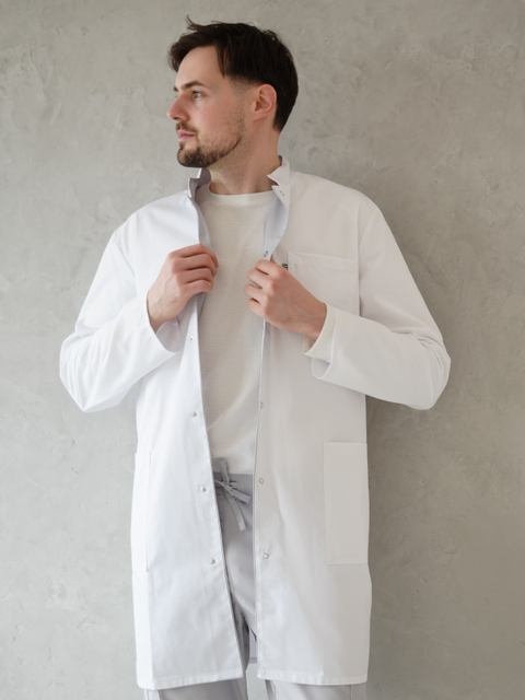 Медичний халат чоловічий білий з сірим оздобленням 10-08
