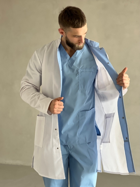 Медичний халат чоловічий білий з блакитним оздобленням 10-08