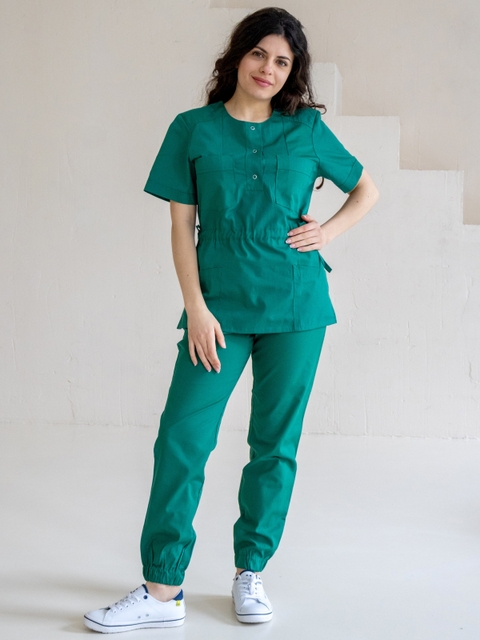 Медицинский костюм на завязках женский тёмно-зелёный 19-09